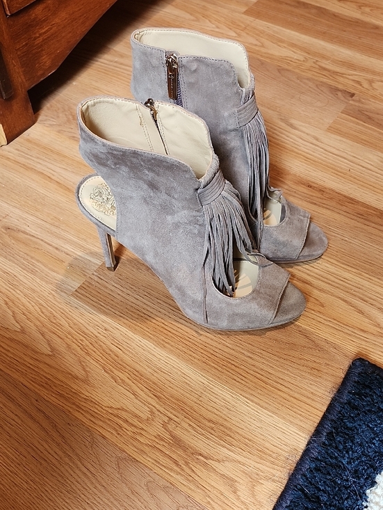 Vince Camuto Shoes - Vince Camuto Gray Suede Fringed Peep-Toe Ankle Heels